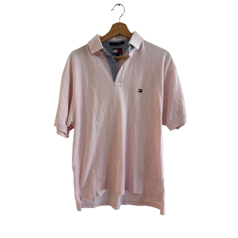 Tommy Hilfiger Mens Pink Polo Shirt Size M 100% Cotton Short Sleeve Striped Coll